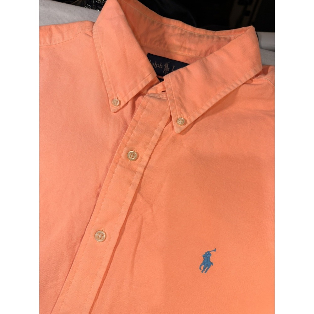 Ralph Lauren Men's Cotton Casual Button Down Peach Shirt Size L. Short sleeve.